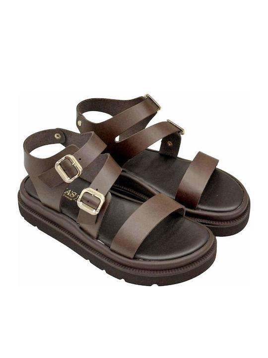 Δερμάτινα Γυναικεία Σανδάλια Flatforms Καφέ