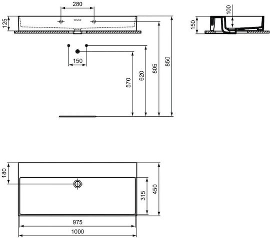 Ideal Standard Einbau Badezimmerwaschbecken Porzellan 100x45x12,5cm Weiß Glänzend