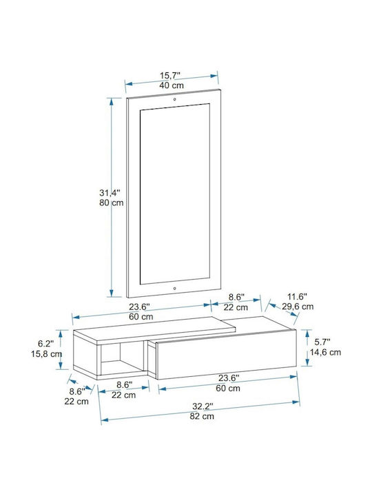 Wooden Console with Mirror White L82xW29.6xH15.8cm