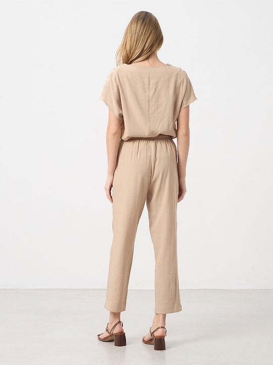 Women's High Rise Fabric Trousers with Elastic Beige