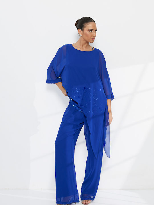 Women's Dark Blue Set with Trousers with Elastic in Relaxed Fit with Sequins