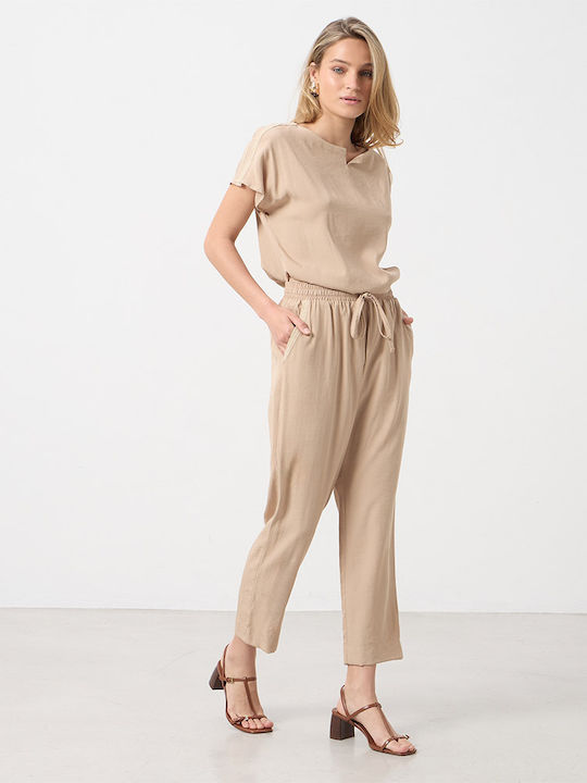 Women's High Rise Fabric Trousers with Elastic Beige