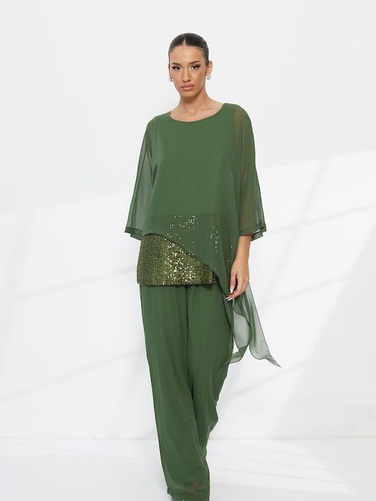 Damen Khaki Set mit Gummibandhose in Entspannte Passform mit Pailletten