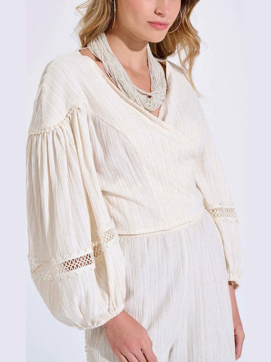 Women's Blouse with V-Neck Ecru