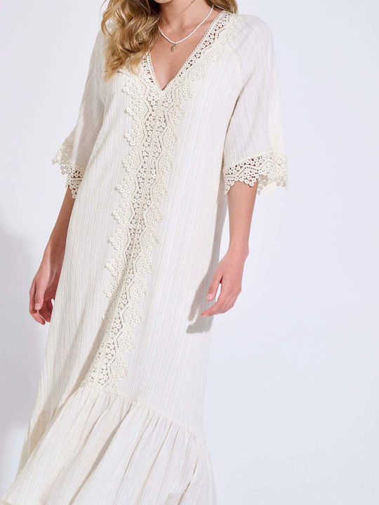 Summer Maxi Knitted Dress with Ruffles Ecru