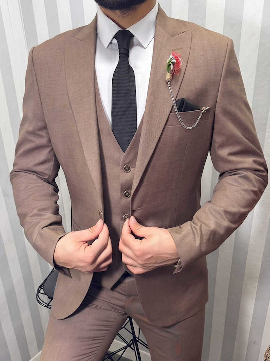 Men's Suit with Vest Slim Fit Brown