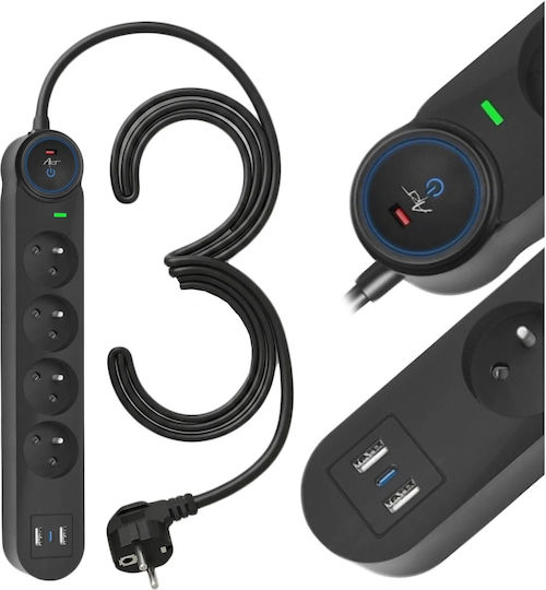 Art Захранваща Лента 4 Порта с 2 USB-A, USB-C и Кабел 3м