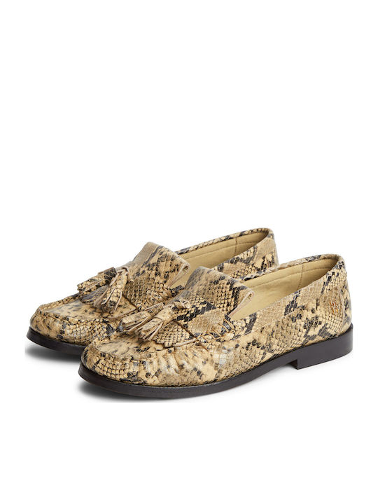 Leather Women's Loafers in Beige Color