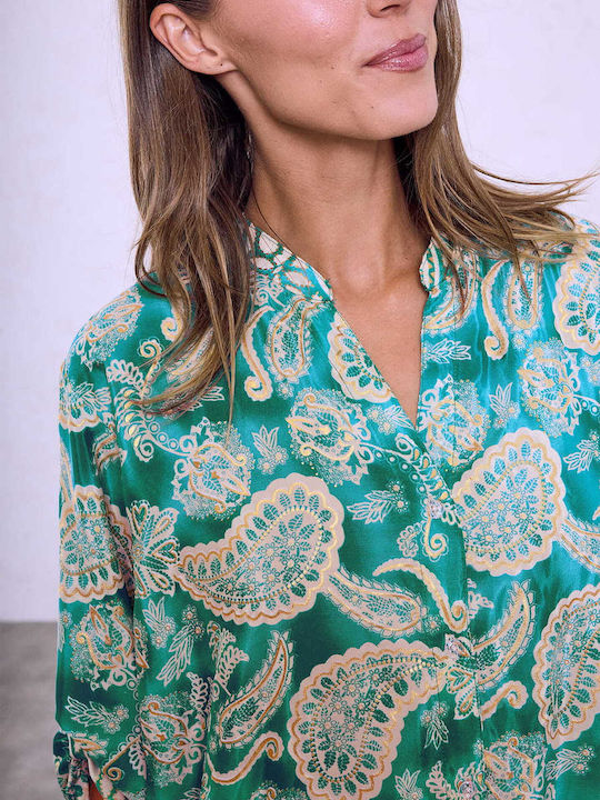 Celestino Women's Kaftan Shirt Metallic Paisley Loose Fit Green