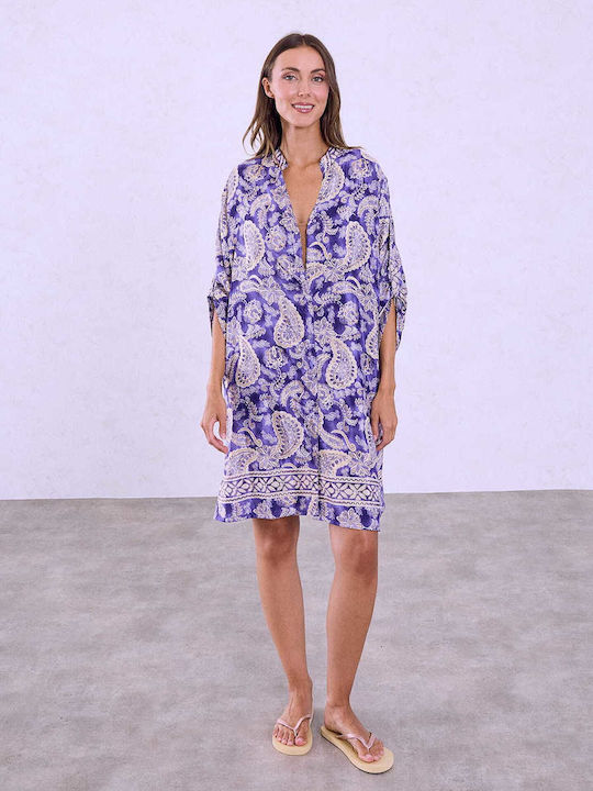 Celestino Women's Kaftan Shirt Metallic Paisley Loose Fit Purple