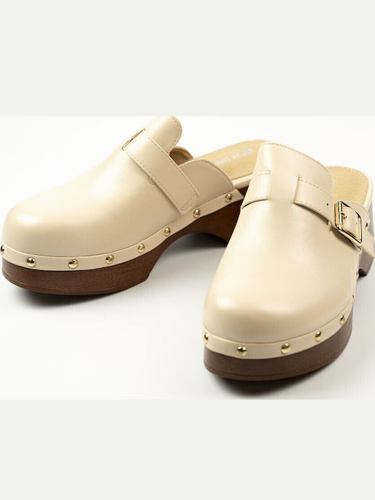 Mules with Low Heel in Beige Colour