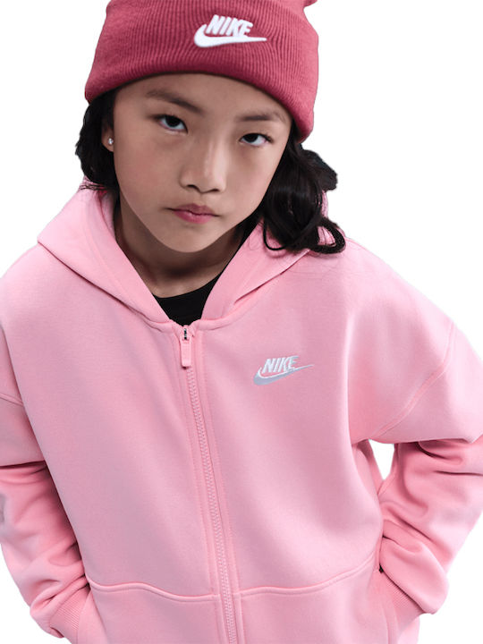 Fleece Kids Sweatshirt Cardigan With Hood And Pockets Pink Sportswear Club