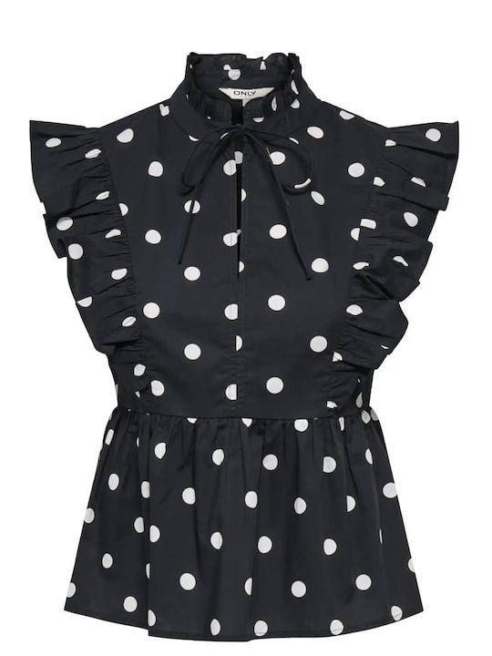 Women's Cotton Sleeveless Top with V-Neck Polka Dot Black