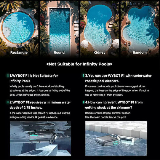 Wybot F1 Solar Безжична Робот Прахосмукачка за Басейн 33W Дъно / Стени с Филтър 7lt