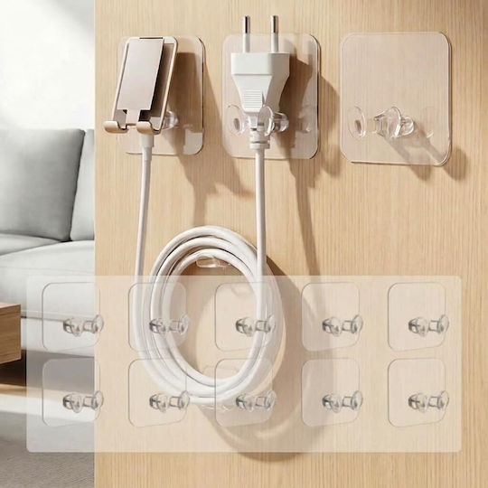 Femmit Set 10 Pieces Transparent Adhesive Wall Hooks Multipurpose Cables Plugs Sockets Bathroom Kitchen Cabinet & Home Organization No Drilling 6x6cm