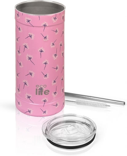 Ecolife Thermos Bottle Stainless Steel / Aluminum / Plastic BPA Free 500ml Pink Dandelion with Straw