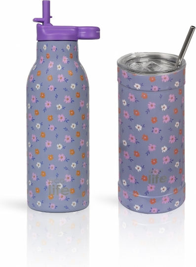 Ecolife Thermos Glass Stainless Steel / Aluminum / Plastic BPA Free 500ml Flower Bloom with Straw