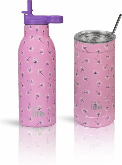 Ecolife Thermos Bottle Stainless Steel / Aluminum / Plastic BPA Free 500ml Pink Dandelion with Straw