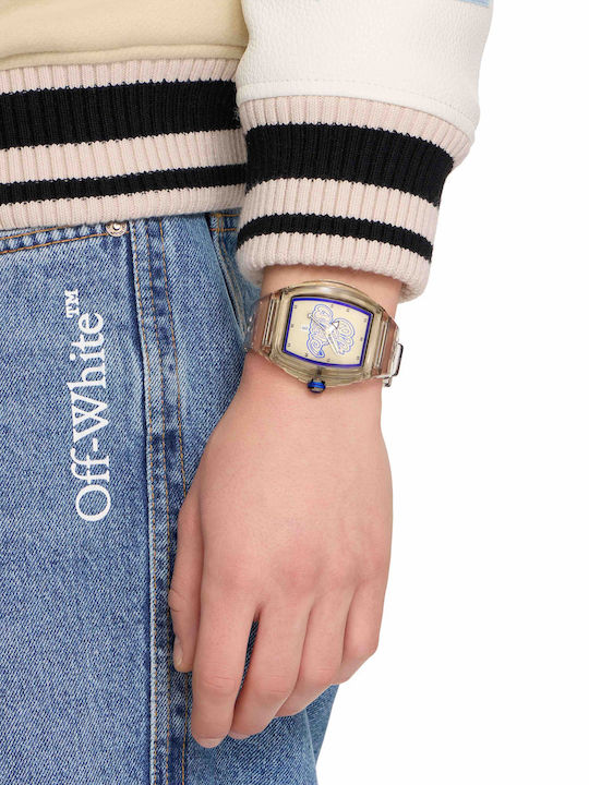 Off White Herrenuhr Batterie mit Weißem Metall-Armband
