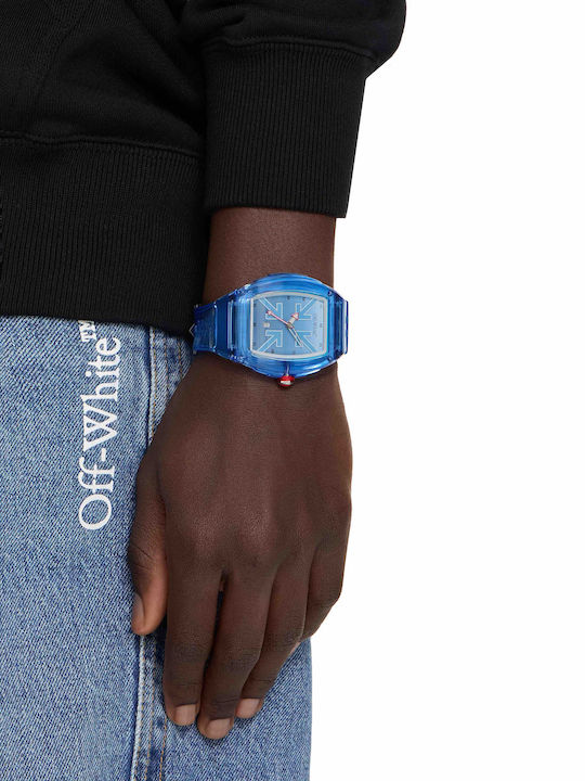 Off White Digital Herrenuhr mit Batterie und Blauem Gummiarmband