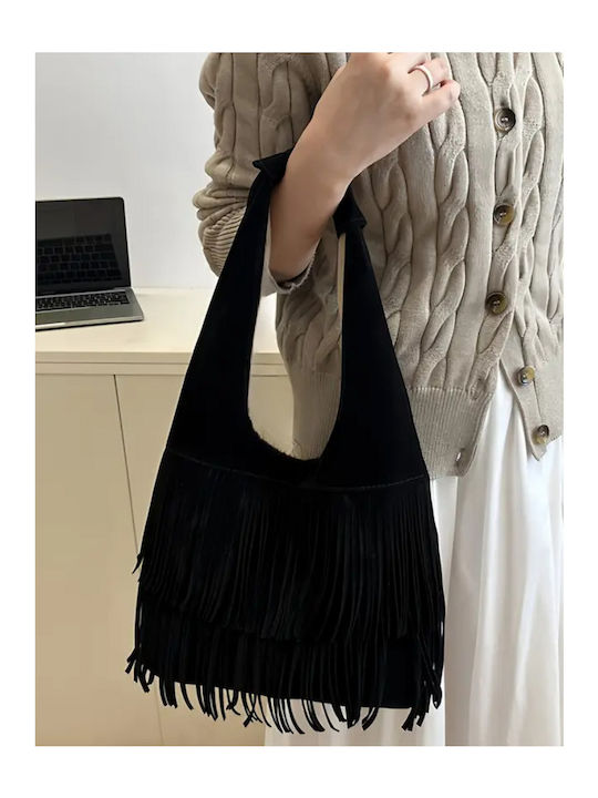 Women's Suede Shoulder Bag with Black Fringes