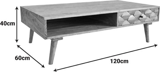 Rectangular Central Coffee Table Kaldio Made of Solid Wood with Drawers Natural Colour W120xD60xH40cm