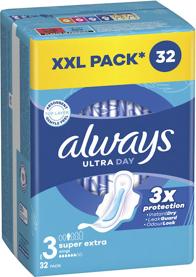 Always Ultra Super Extra Hygienepads mit Flügeln Nacht für Starke Strömung 6 Tropfen Größe 3 32Stück
