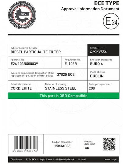 SKV Φίλτρο DPF για Mitsubishi