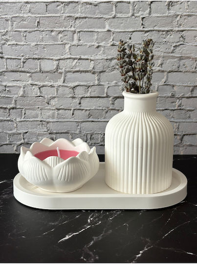 Stewehome Set De Obiecte Decorative Farfurie Cu Model De Trandafir Sfeșnic Lotus Vas Alb 10x10 Cm