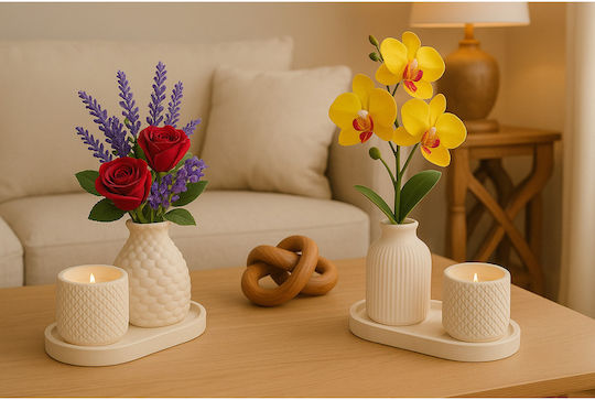 Stewehome Set Decor Pentru Masă Vas Ceramic Lumânare Praf Pietros Alb 10x11 Cm