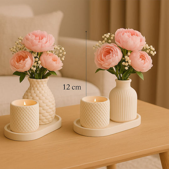 Stewehome Set Decorative Table Ceramic Vase Candle Stone Powder White 10x11 Cm