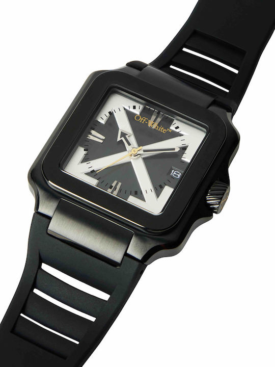 Off White Herrenuhr Batterie mit Schwarz Gummi Armband