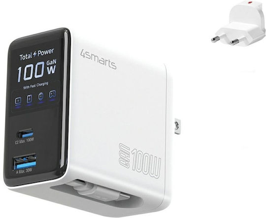 4Smarts GaN Charger with USB-A Port and USB-C Port and USB-C Cable 100W Power Delivery White (Flex Screen AI)