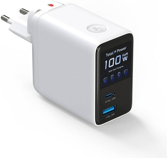 4Smarts GaN Charger with USB-A Port and USB-C Port and USB-C Cable 100W Power Delivery White (Flex Screen AI)