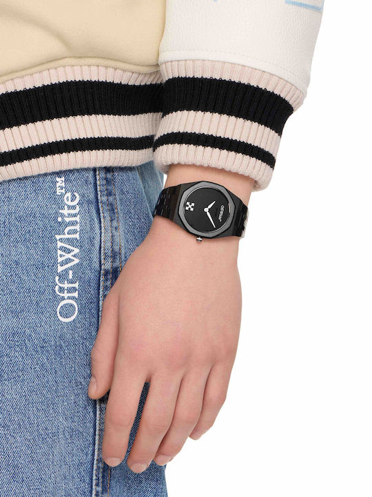 Off White Herrenuhr Batterie mit Weißem Metall-Armband