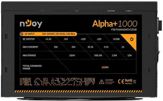 NJOY Alpha+ 1000W Negru Sursă de Alimentare Calculator Complet modular 80 Plus Gold