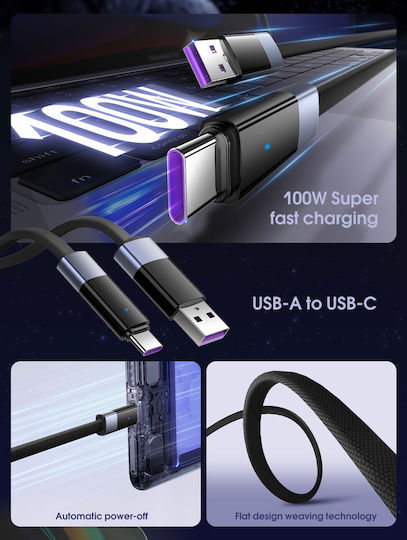 Ldnio Flat / LED / Braided USB 2.0 Cable USB-C male - USB-A 100W Μαύρο 2m