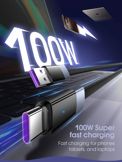Ldnio Flat / LED / Braided USB 2.0 Cable USB-C male - USB-A 100W Μαύρο 2m