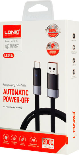 Ldnio Flat LED Braided USB 2.0 Cable USB-C Male - USB-A 50W Black 2m