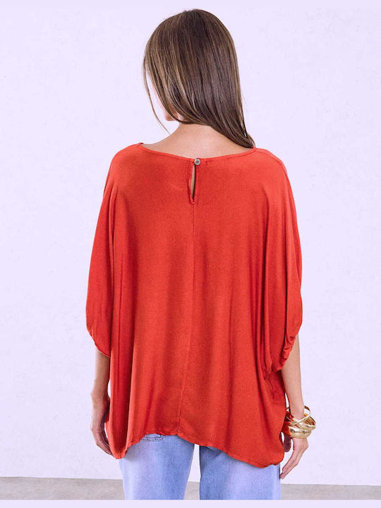 Celestino Γυναικεία Μπλούζα Βισκόζη Oversized Loose Fit Κόκκινο Ανοιχτό