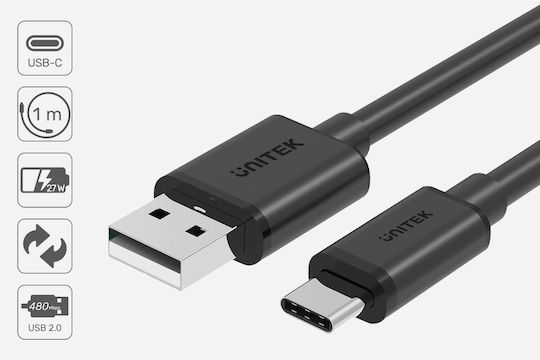 Unitek USB 2.0 Cable USB-C Male - USB-A Black 1m Y-C482BK