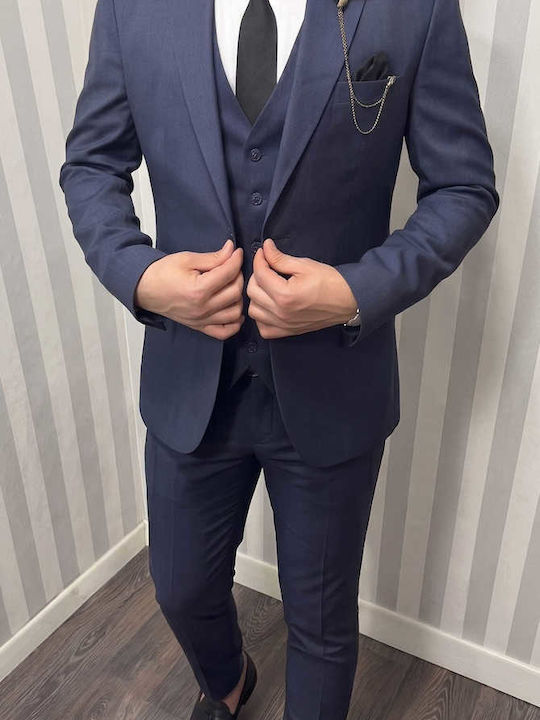 Men's Suit with Vest Slim Fit Blue