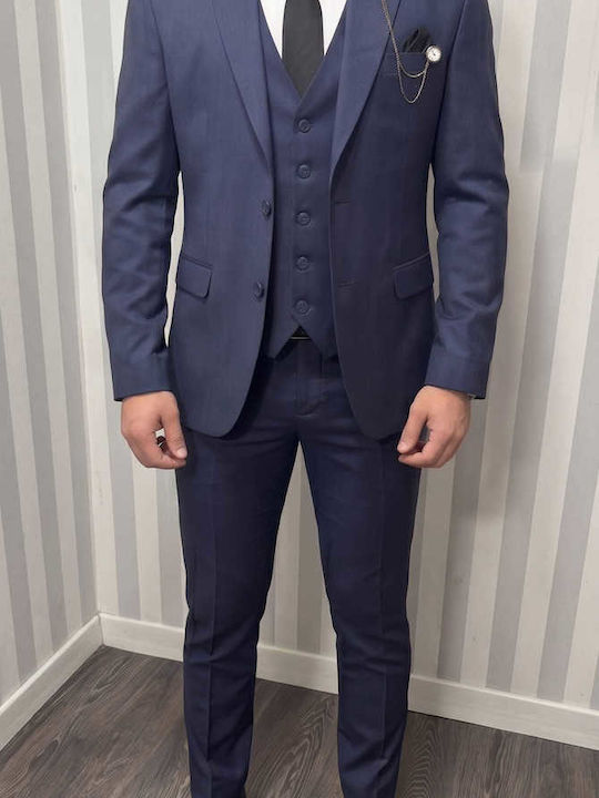 Men's Suit with Vest Slim Fit Blue