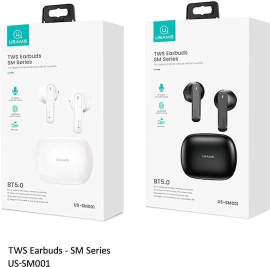 Usams BHUSM01 Earbud Bluetooth Handsfree Ακουστικά με Θήκη Φόρτισης White