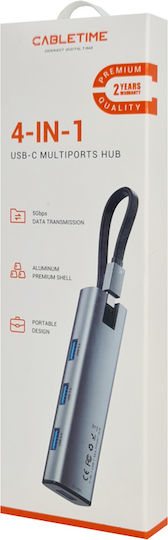 Cabletime USB-Hub 4 Anschlüsse mit USB-C Verbindung Grau