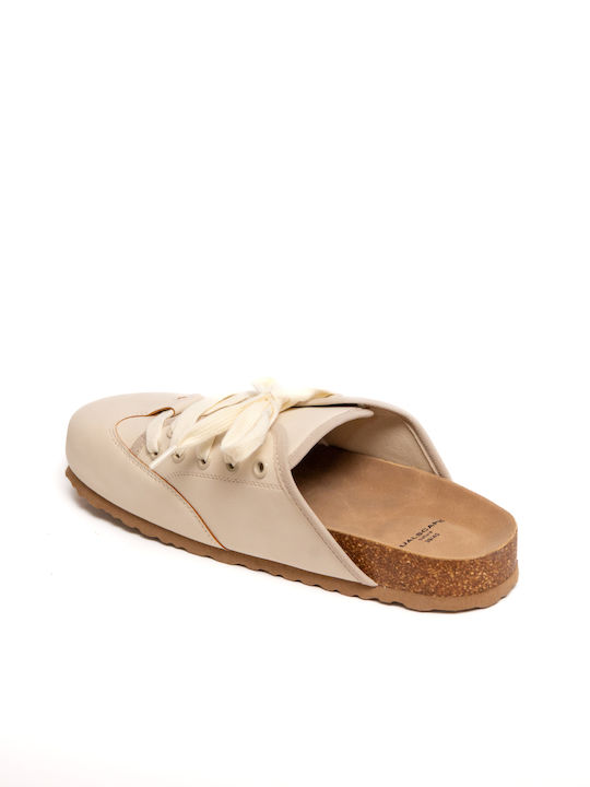 Leather Mules with Heel in Beige Colour