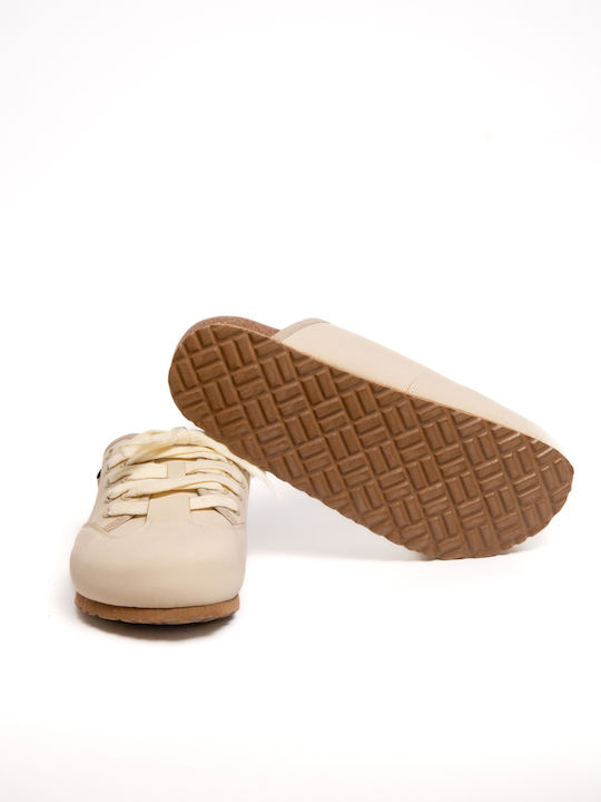 Leather Mules with Heel in Beige Colour