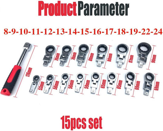 Set 15 Single Polygon Wrench Straight Compact with Ratchet Mechanism