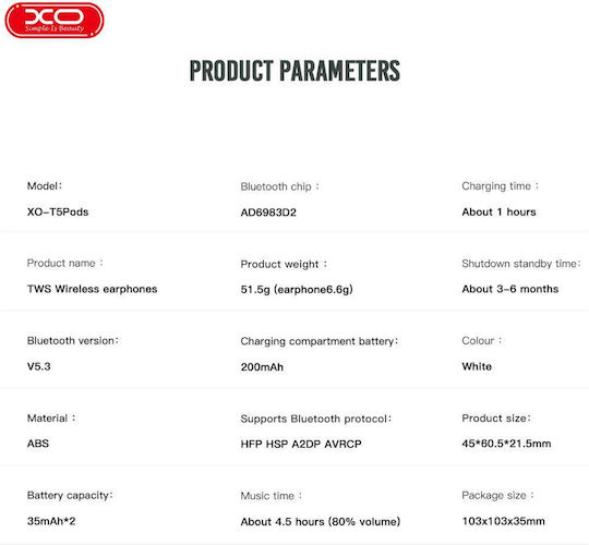 XO T5 In-ear Bluetooth Handsfree Ακουστικά με Θήκη Φόρτισης Λευκά