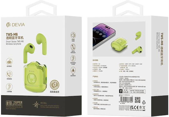 Devia M6 EM406 In-ear Bluetooth Handsfree Ακουστικά με Θήκη Φόρτισης Πράσινα